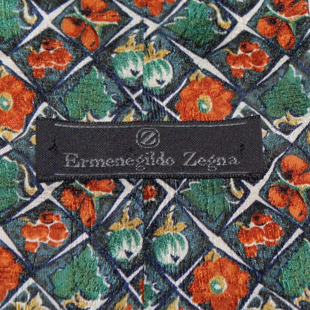 Ermenegildo Zegna 100% silk necktie green orange flower butterfly leaf Italy tie - Picture 3 of 8
